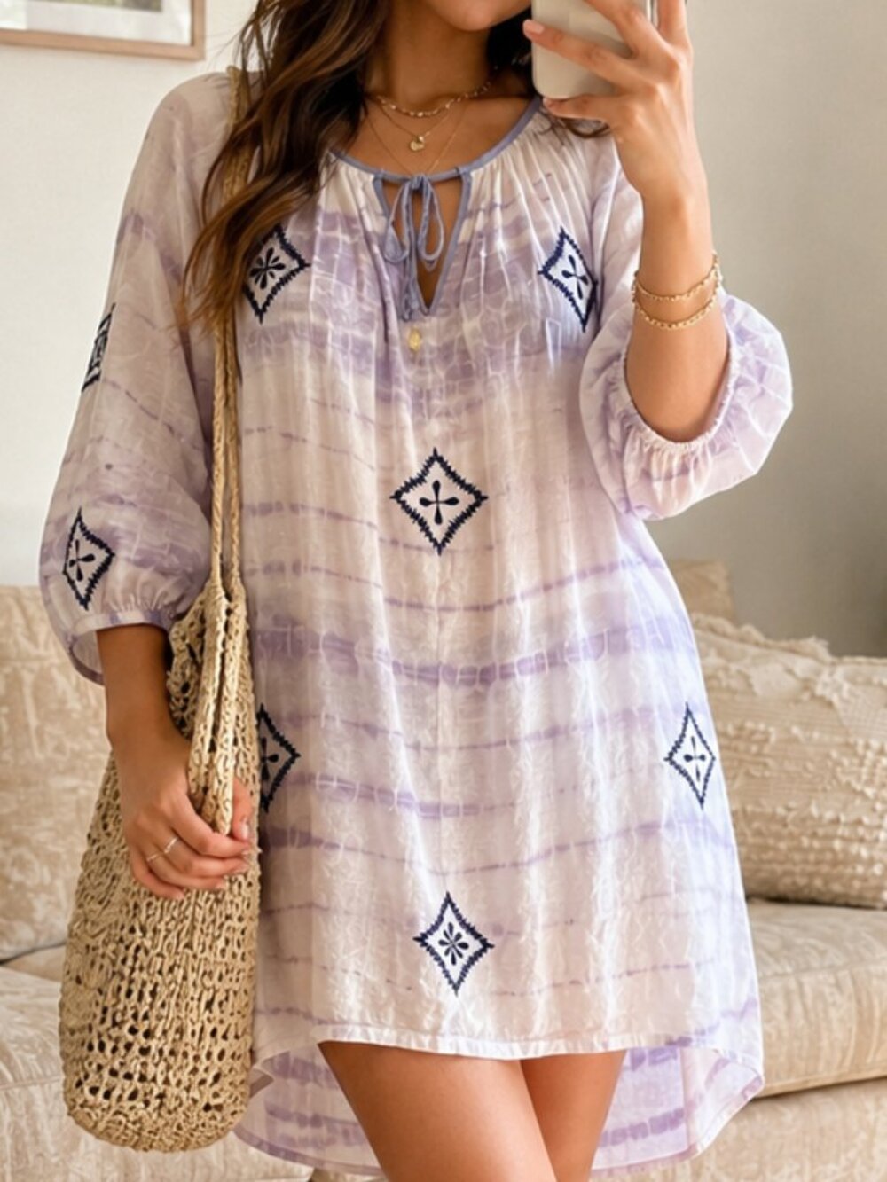 Letarte Handmade Embroidered Cotton Tie Dye Tunic Mini Dress Boho Folk Size S